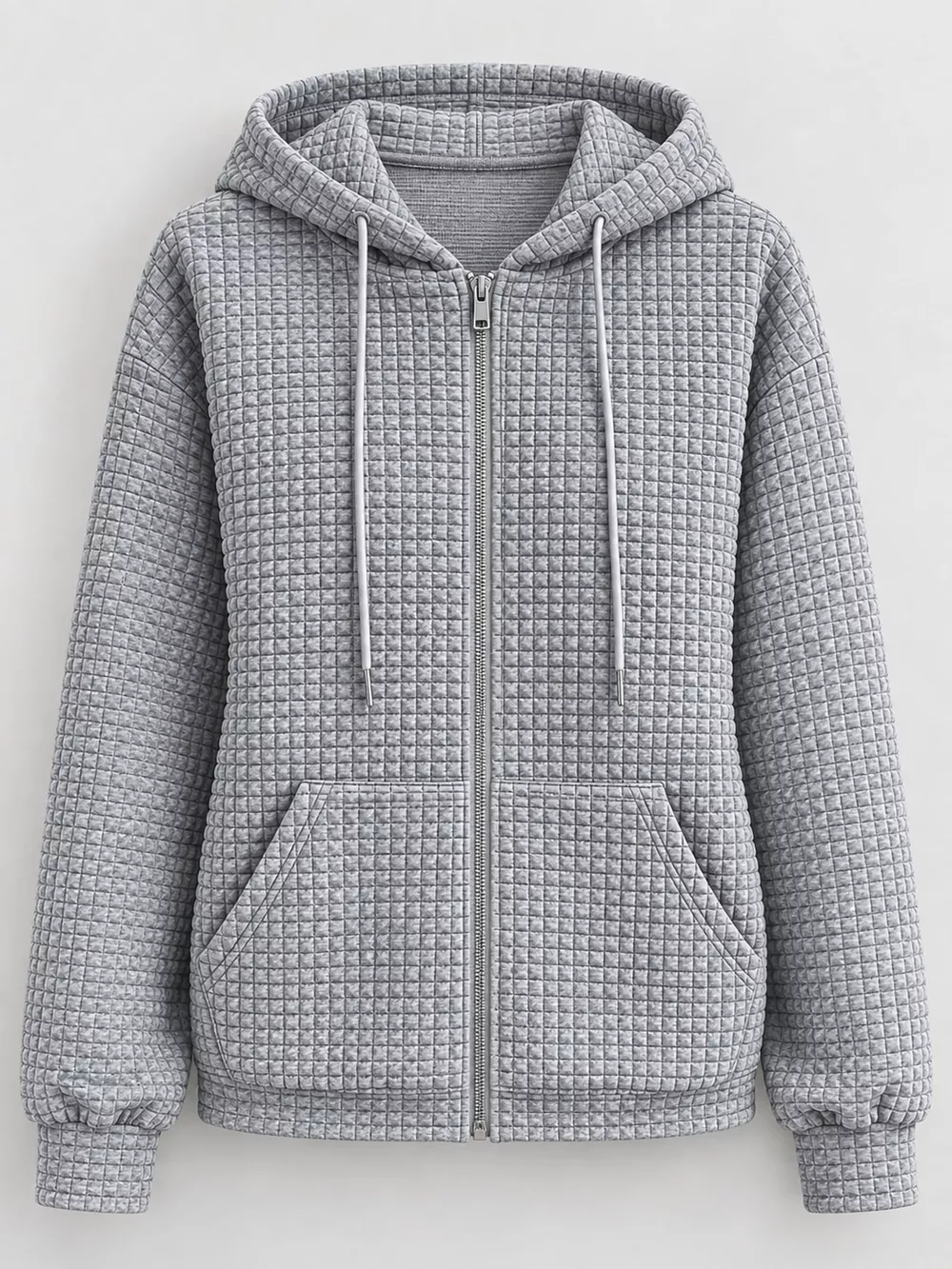Waffle Knit Zip-Up Hoodie with Drawstring and Pockets, image 13