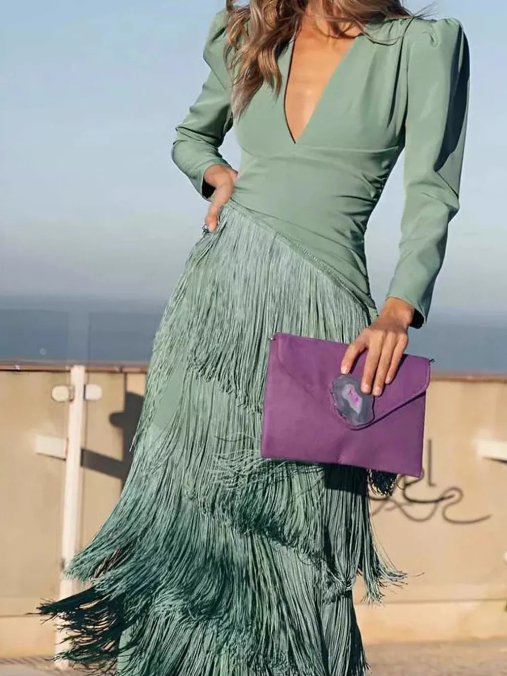 Fringed V-Neck Puff Sleeve Maxi Dress, image 2