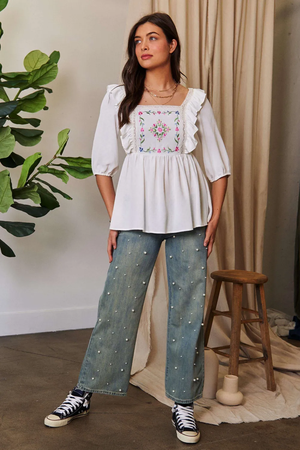 Texture Tie Back Floral Embroidery Frill Blouse, image 11