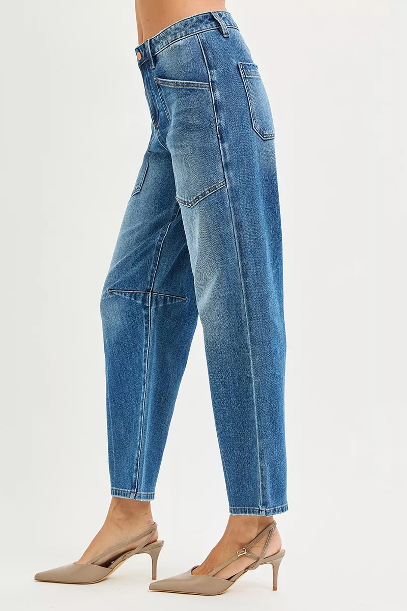 4 Way Stretch Mid Rise Barrel Jeans with Patch Pocket Detail, image 2