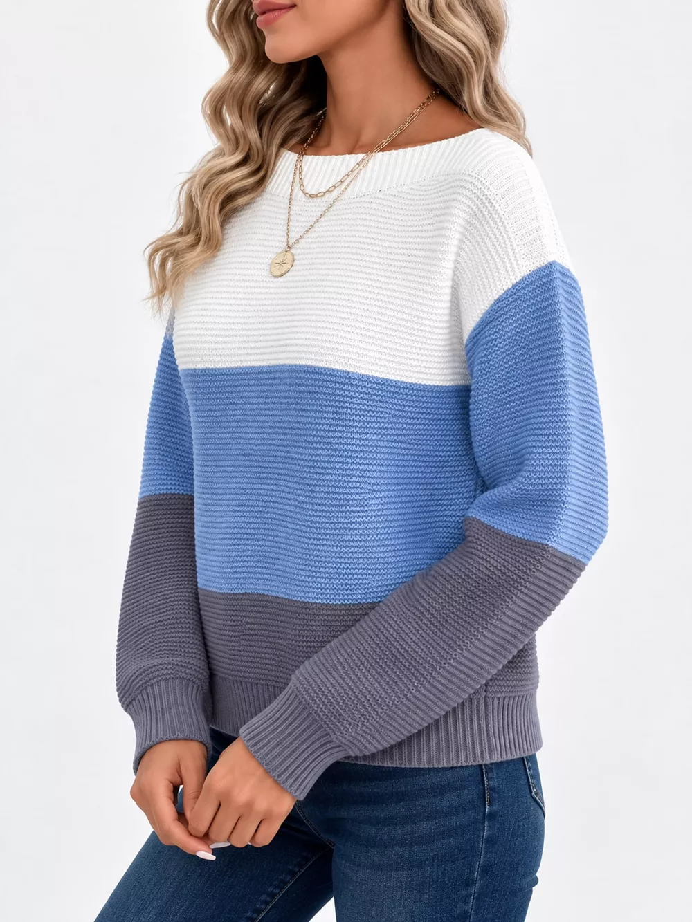 Full Size Color-Block Boat Neck Sweater Plus Size, image 9