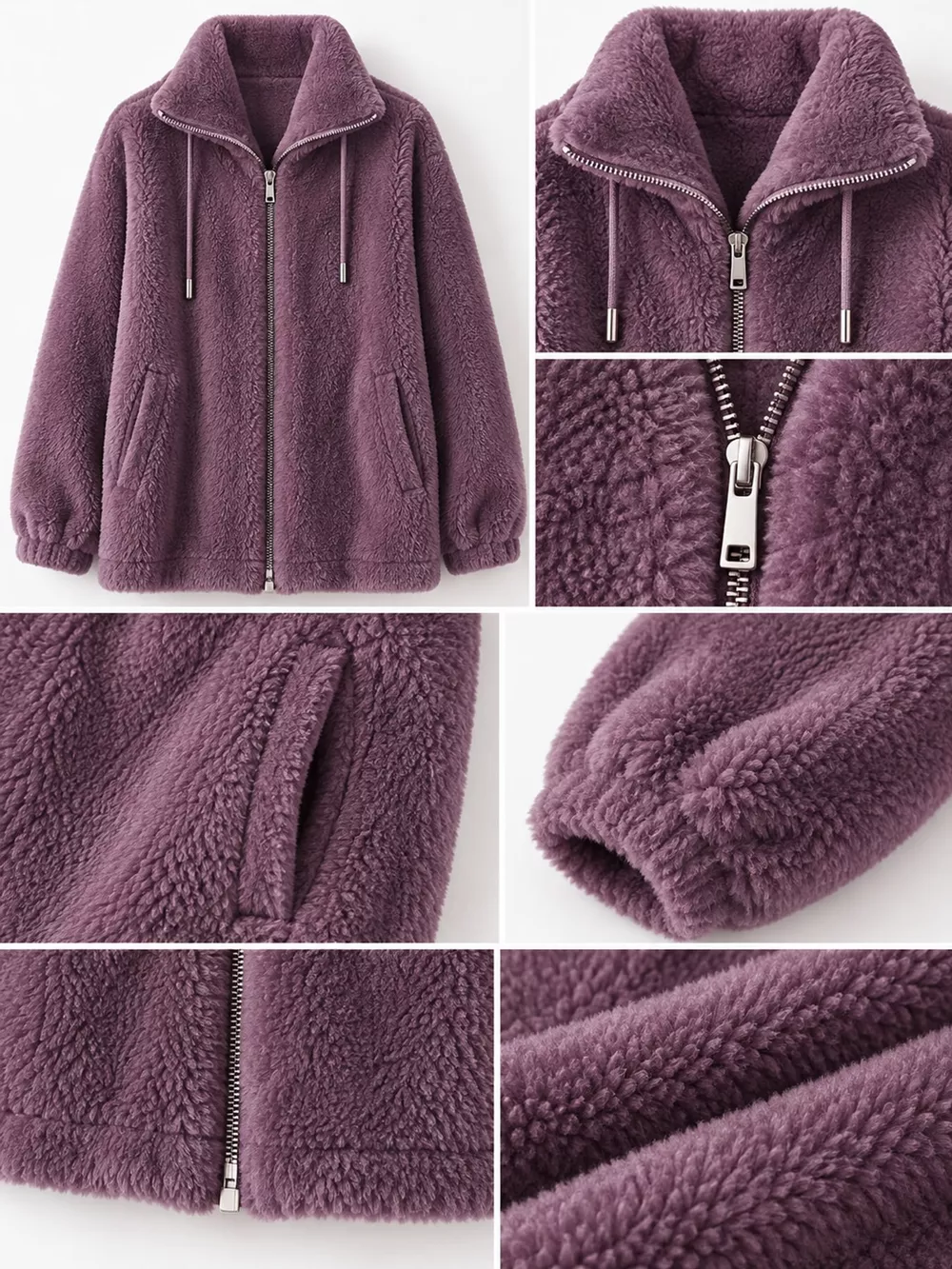Full Size Drawstring Faux Fur Stand-Collar Zip-Up Outerwear Plus Size, image 24