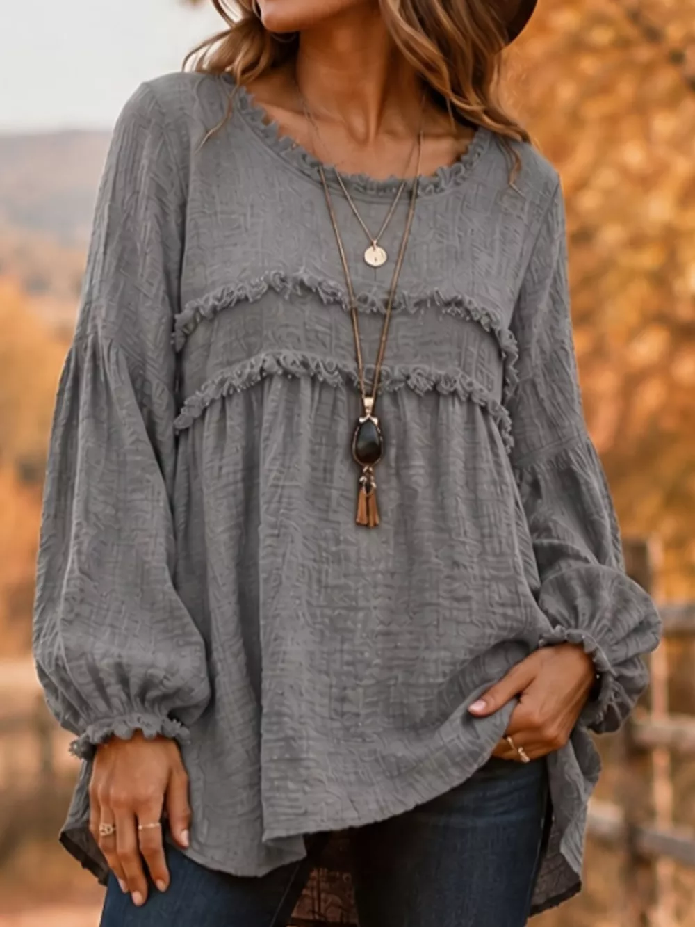Full Size Boho Chic Textured Frayed Trim Peplum Blouse Plus Size