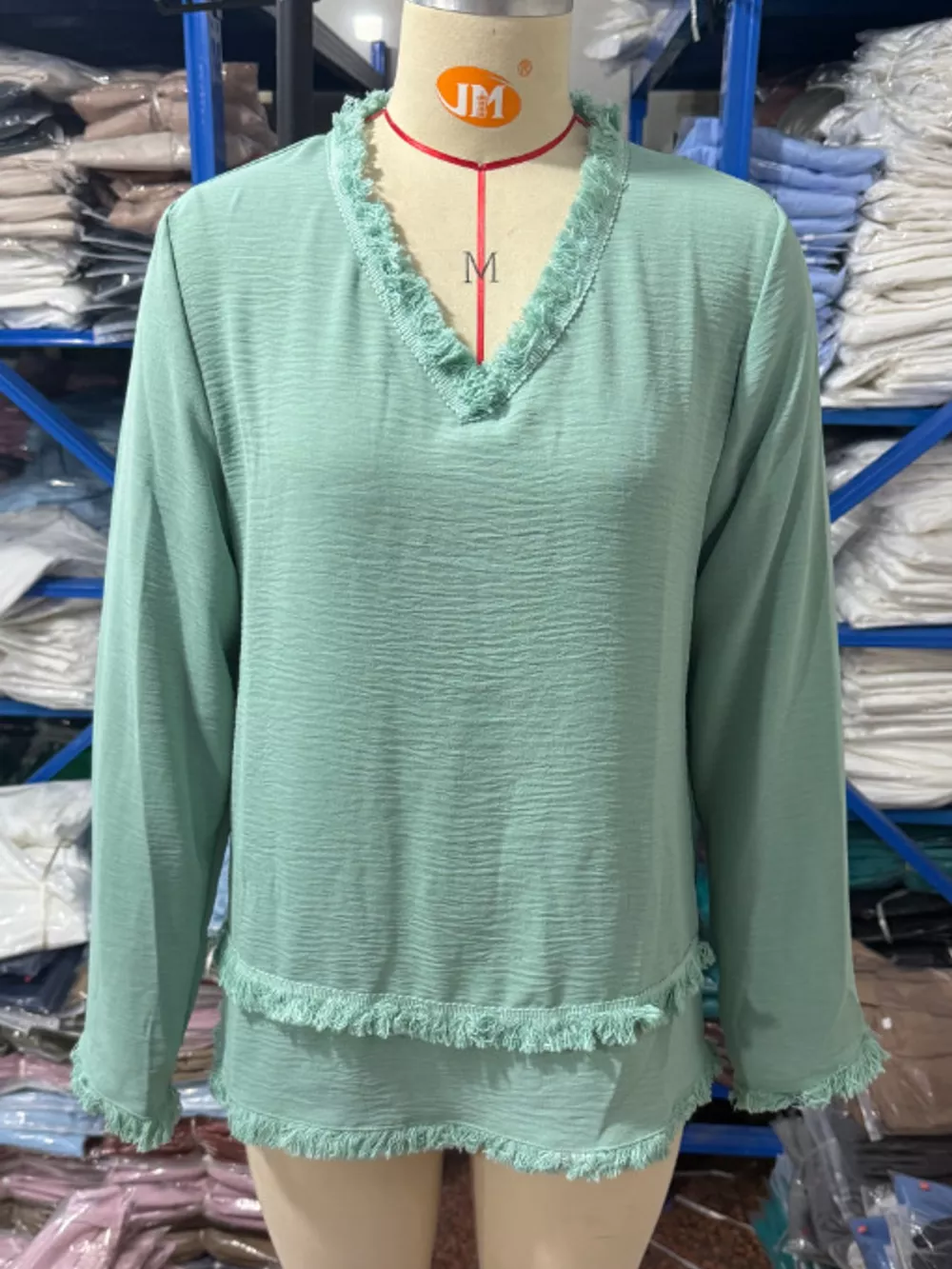 Full Size Frayed Hem V-Neck Long Sleeve Blouse Plus Size, image 47