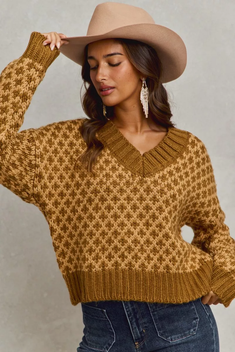Color Block Textured Christmas Sweater V Neck Top, image 4