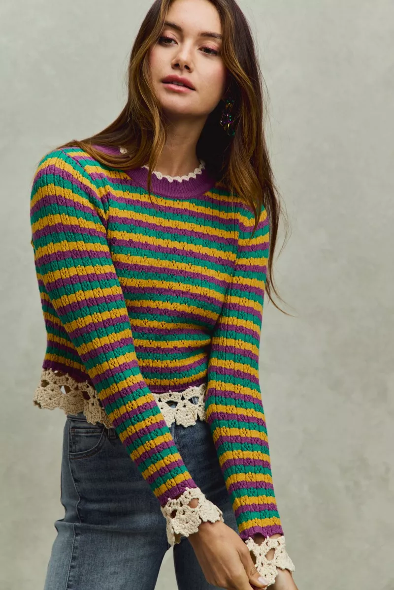 Mardi Gras Striped Cropped Knit Top with Crochet Edge, image 4