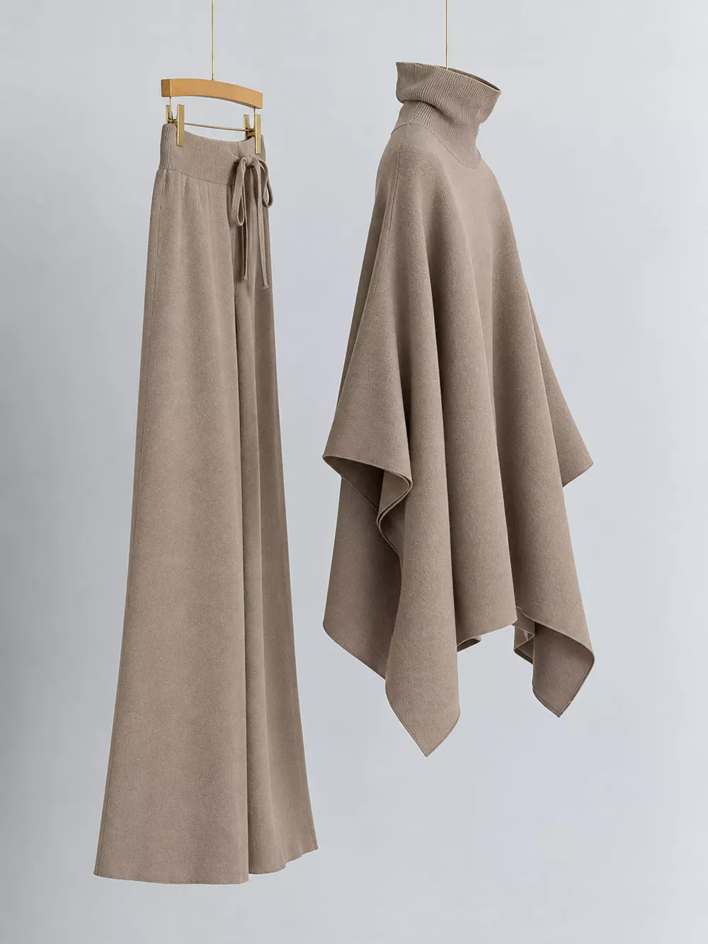 Elegant Turtleneck Poncho Sweater and Wide-Leg Knit Pants Set, image 2