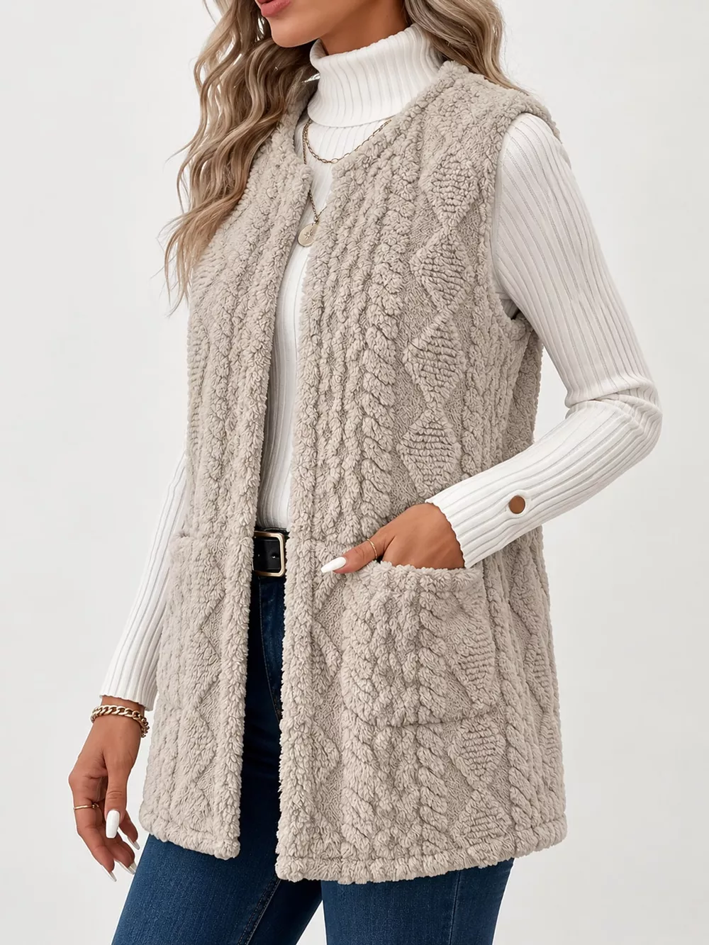 Sherpa Open Front Vest Coat, image 3