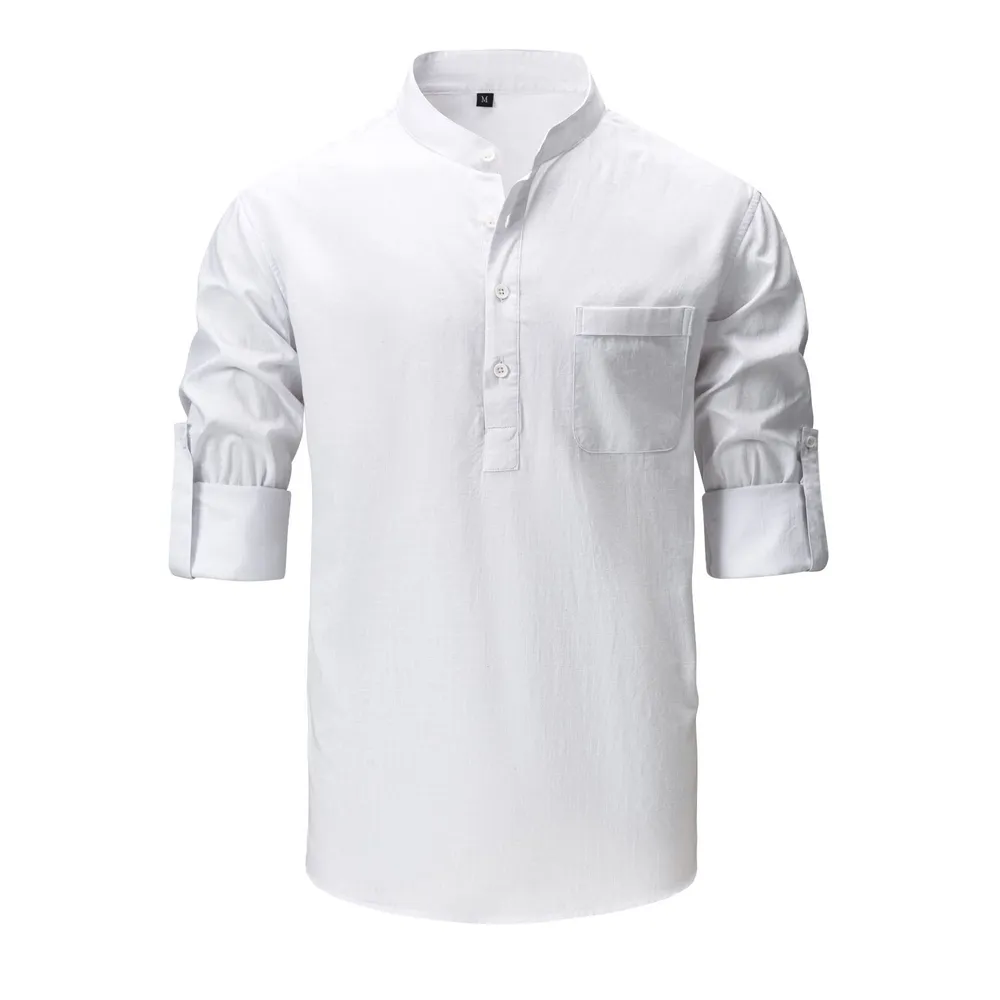 Men's Full Size Mandarin Collar Roll-Up Sleeve Shirt Plus Size, image 2