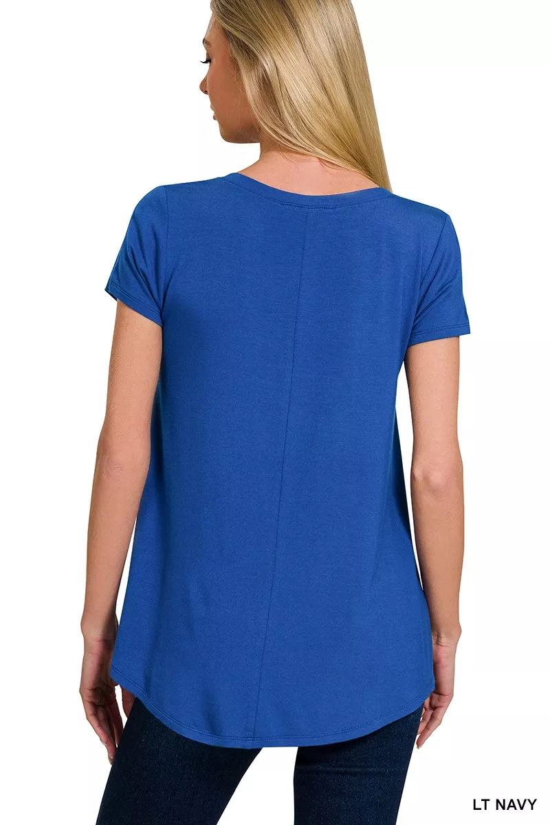 Rayon Short Sleeve V-neck Round Hem Top, image 3
