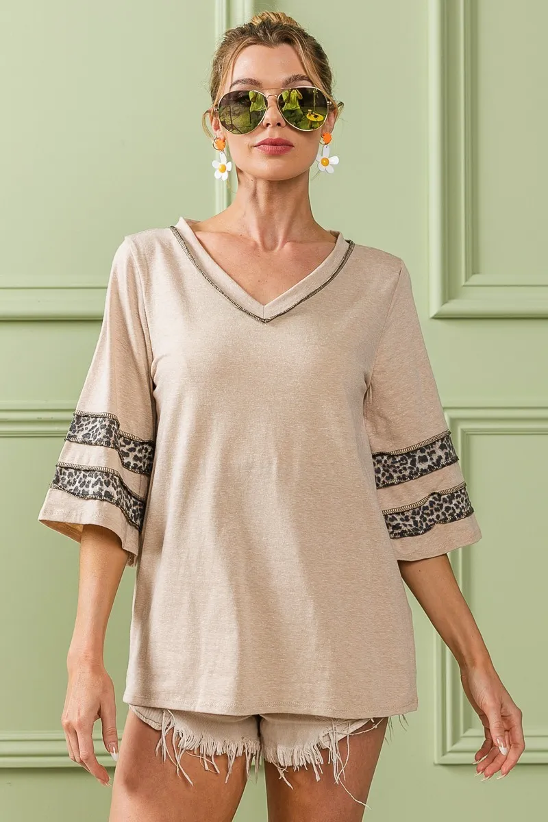 Triblend Knit Top with Leopard Band Detail
