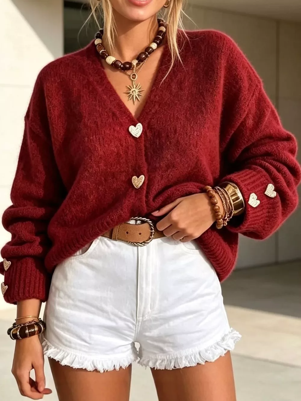V-Neck Heart-Shaped Buttons Cardigan