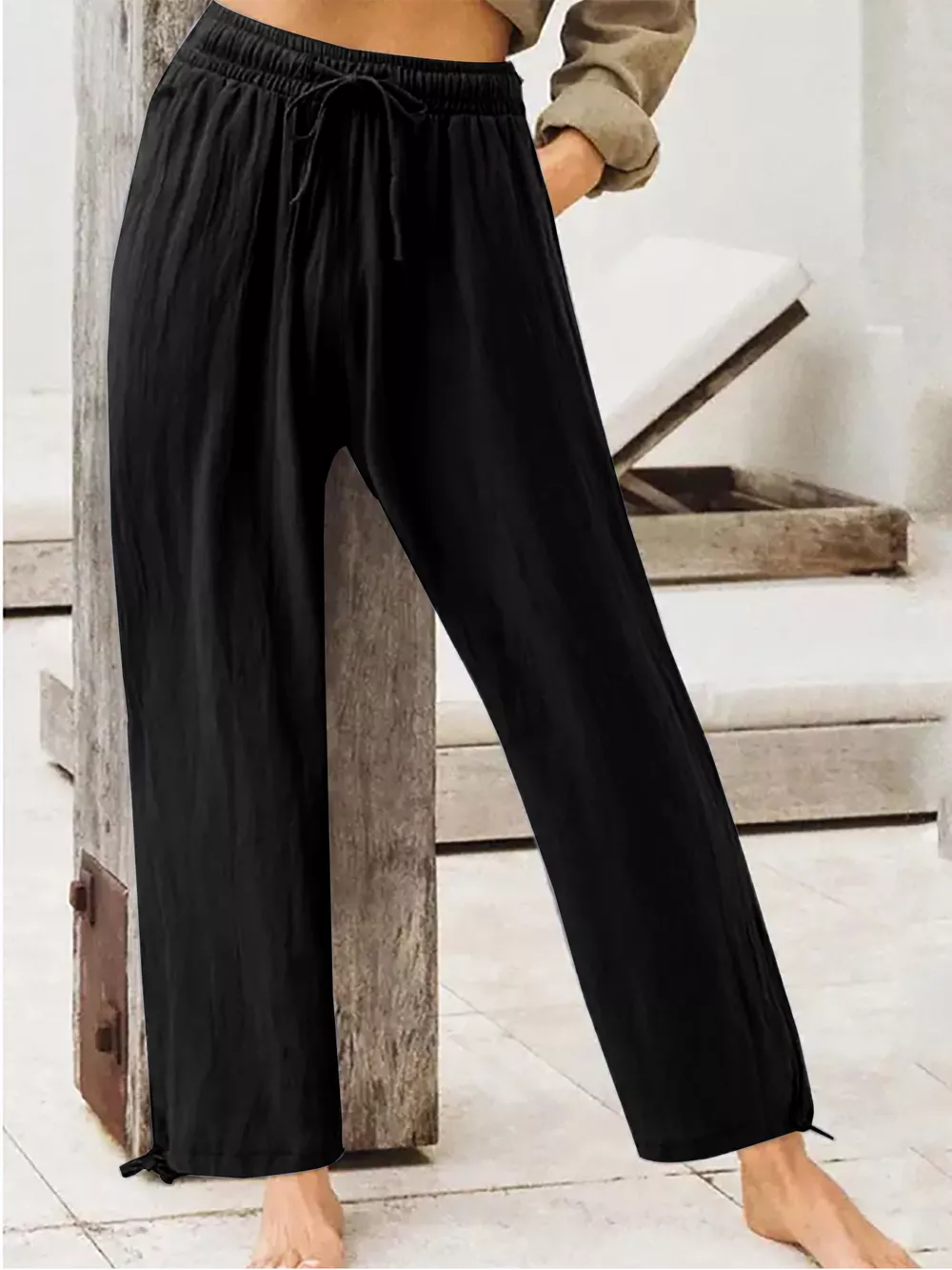 Full Size Casual Drawstring Wide-Leg Pants Plus Size