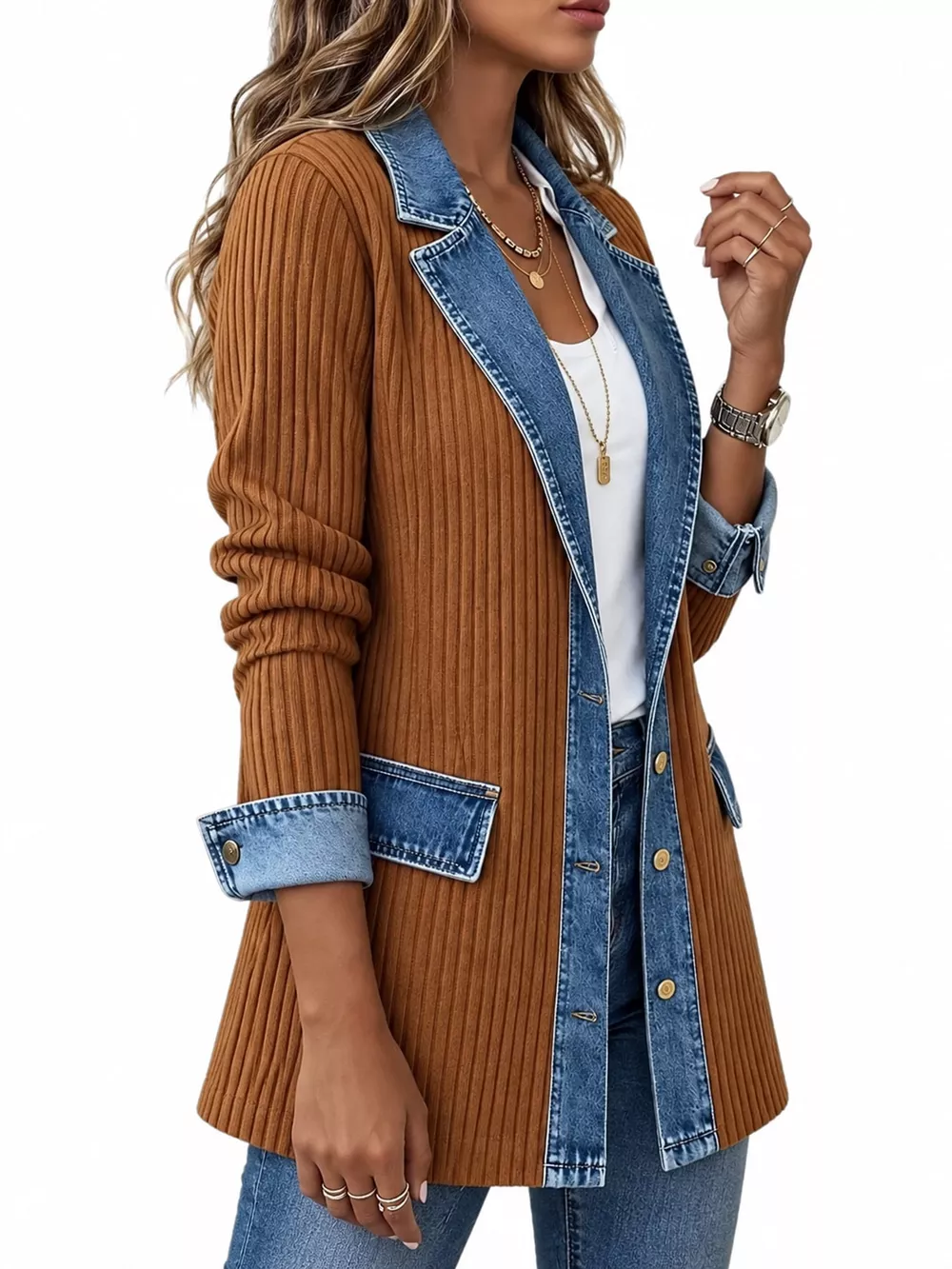 Full Size Denim Trim Ribbed Knit Cardigan Plus Size, image 9