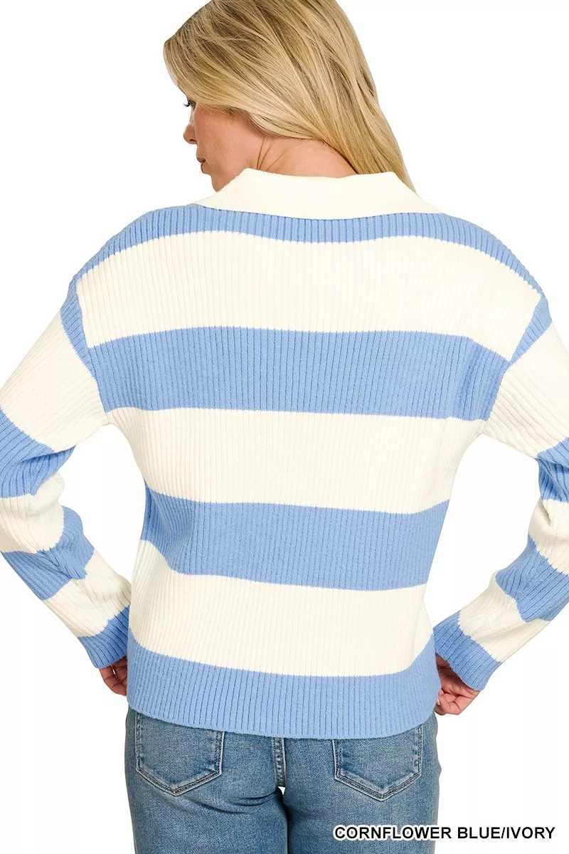 Zenana Striped Collared Sweater, image 3