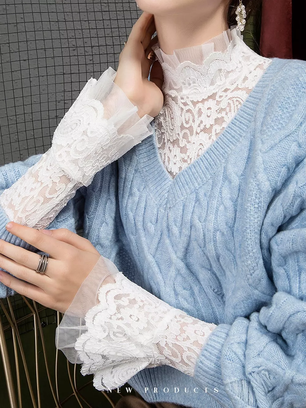 Full Size Lace Mock Neck Long Sleeve Blouse Plus Size, image 2