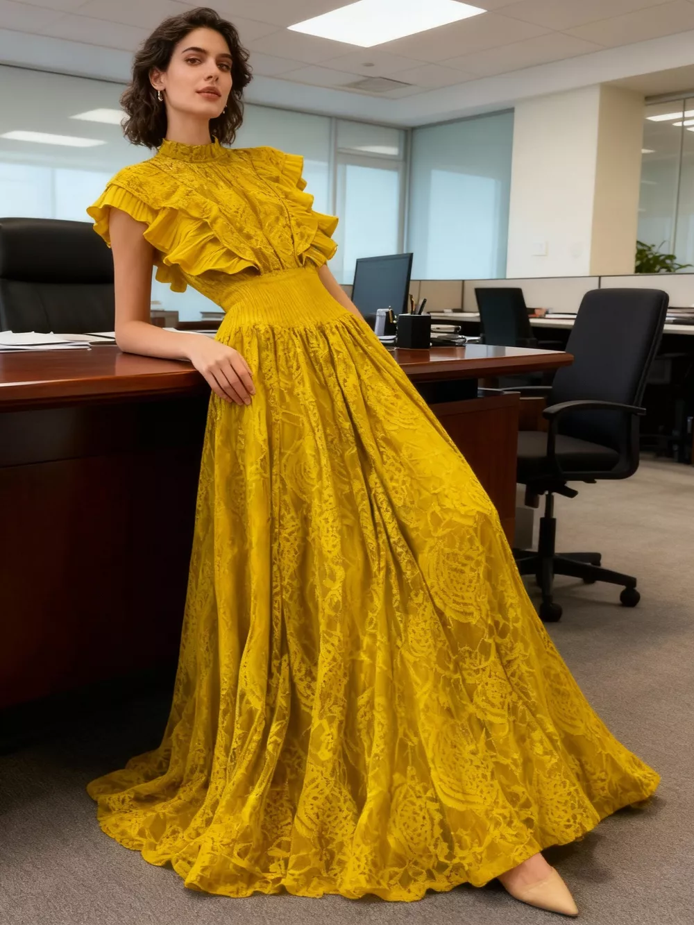 Ruffled Mock Neck Lace Maxi Dress, image 2