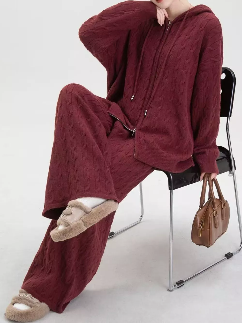 Cable Knit Zip-Up Hooded Cardigan and Wide-Leg Pants Sweater Set, image 23