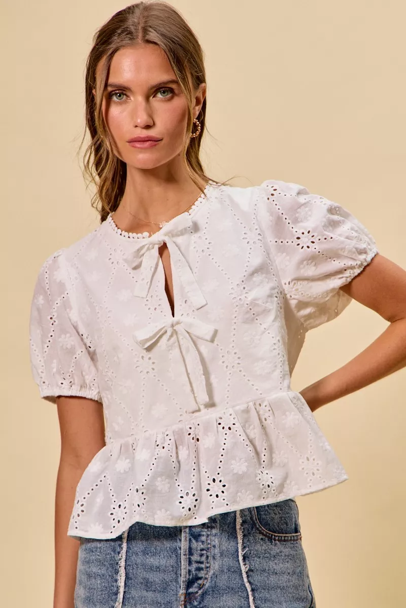 Cotton Eyelet Front Tie Short Sleeves Blouse, image 12