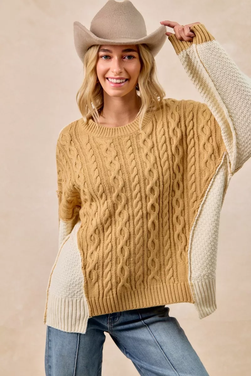 Cable Knit With Hacci Combo Sweater With Uneven Hem Detail, image 5