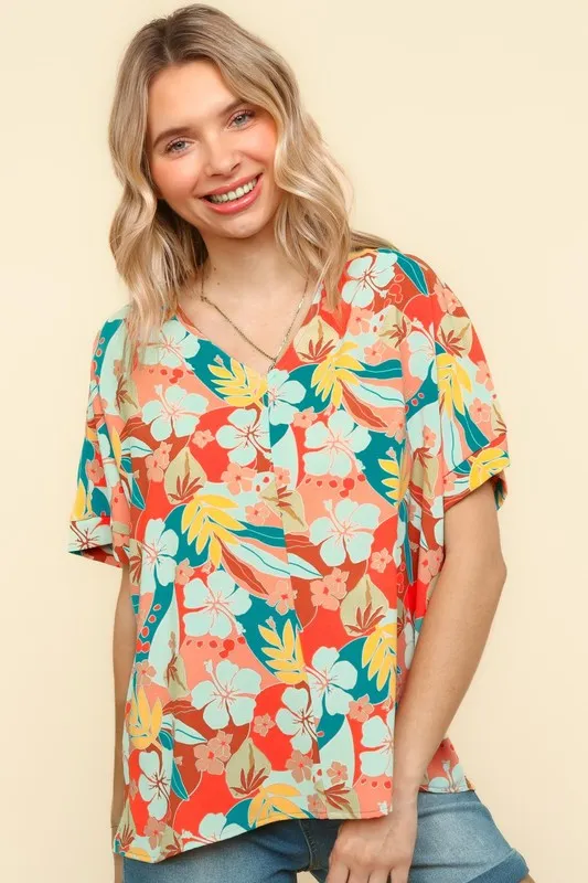 V Neck Drop Shoulder Hawaiian Woven Top, image 8
