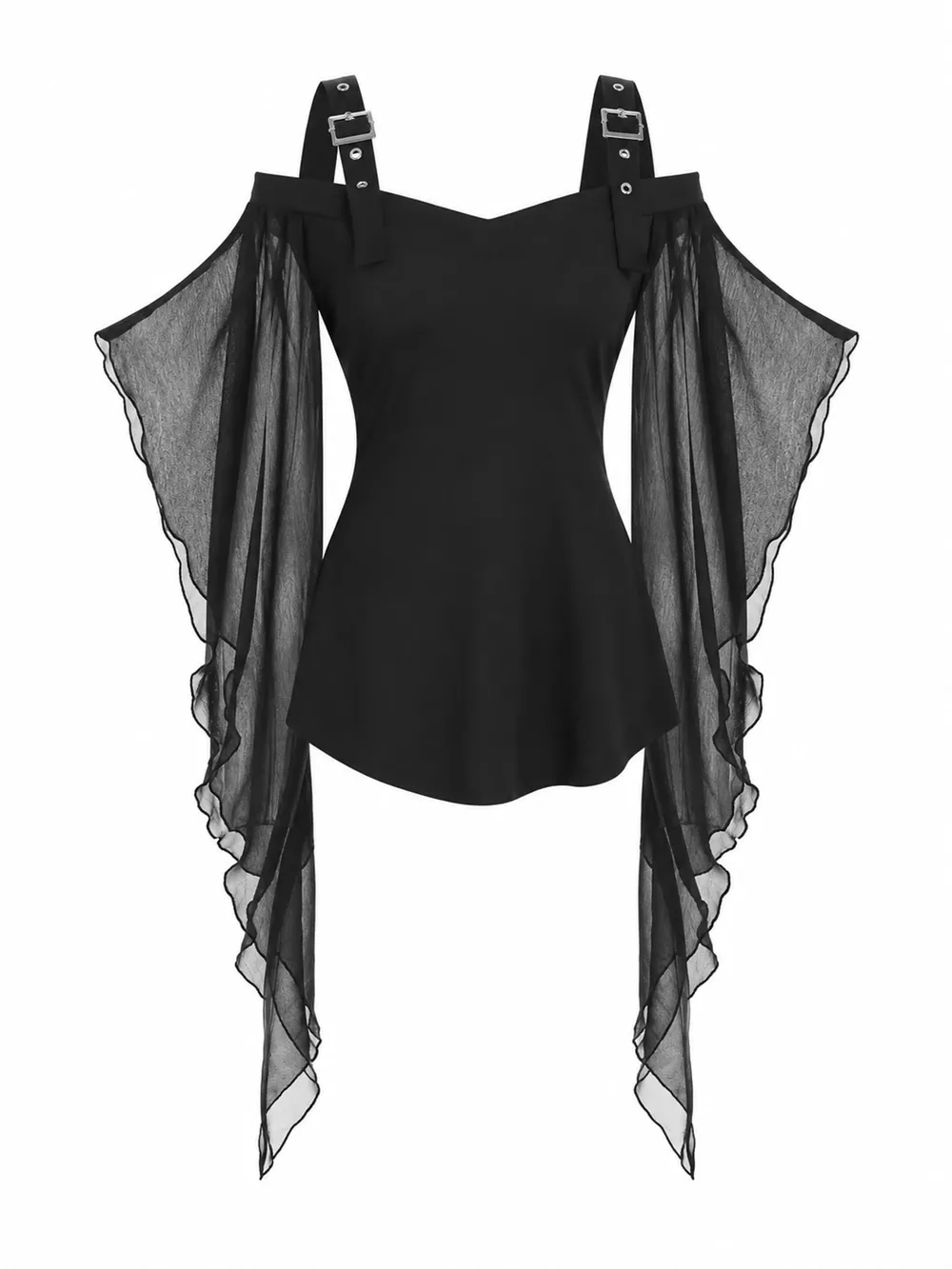 Halloween Gothic Buckle Strap Mesh Sleeve Top, image 4