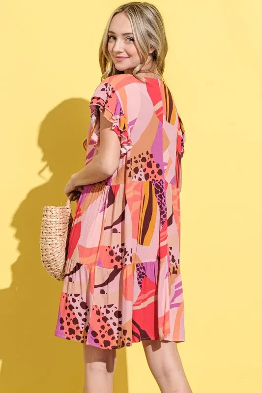 Printed Double Ruffles Sleeve Dress, image 3