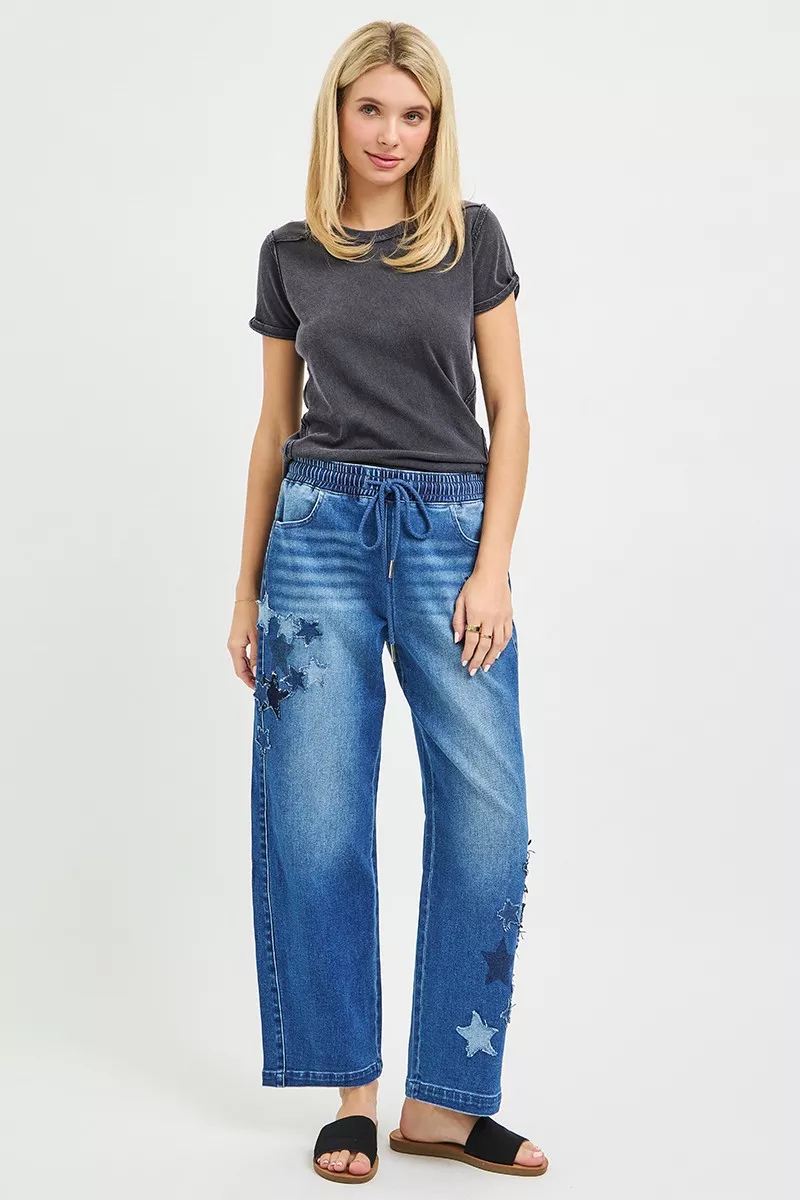 Elastic Band Slouchy Cropped Barrel with Star Patch, image 3