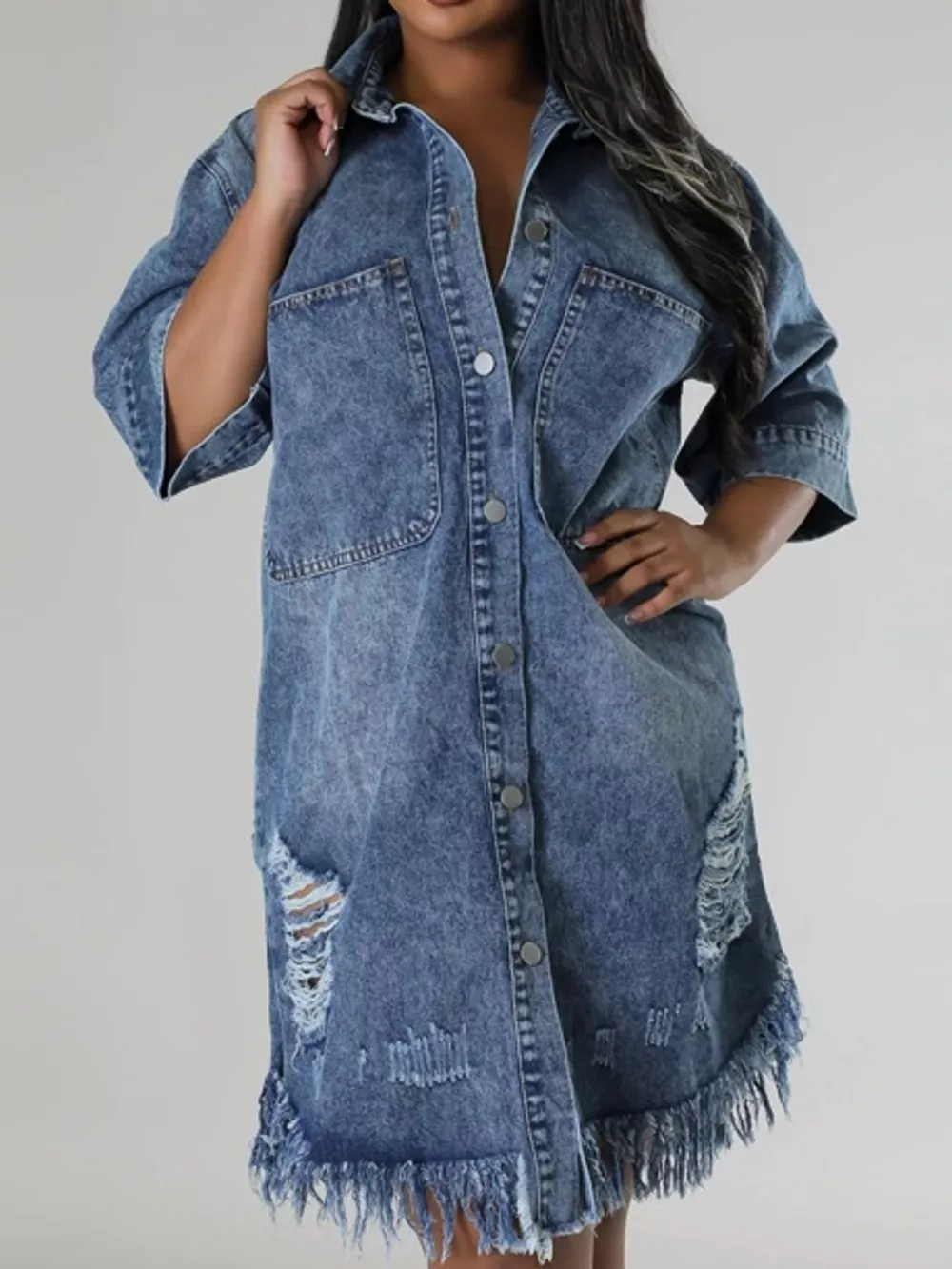 Plus Size Distressed Frayed Hem Button-Down Denim Dress, image 4