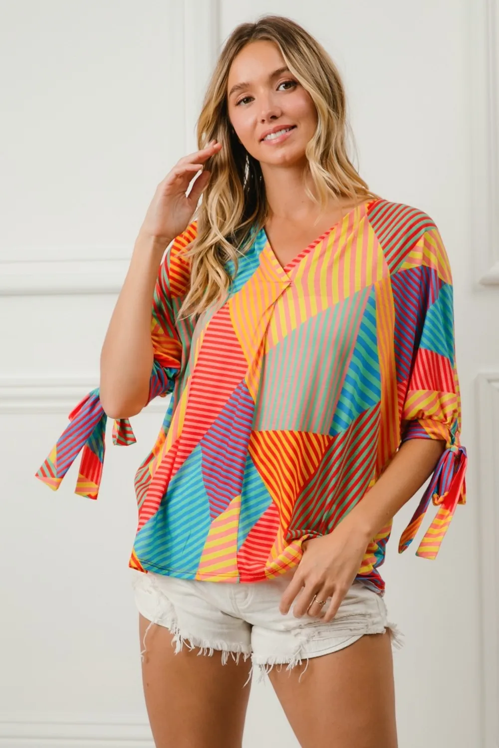 Multi Stripe Block Printed Jersey Blouse with Tied Sleeves, image 6