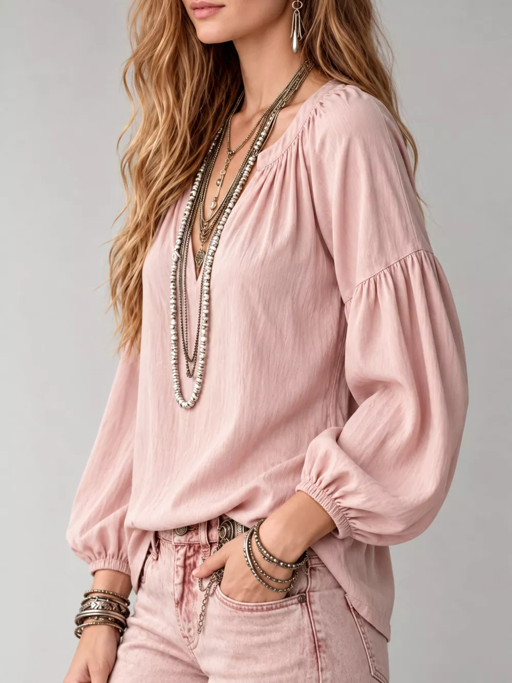 Full Size Notched Balloon Sleeve Blouse Plus Size, image 28
