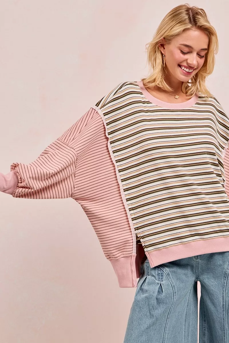 Stripe Mixed Top With Cut Edge And Reverse Outseam, image 3