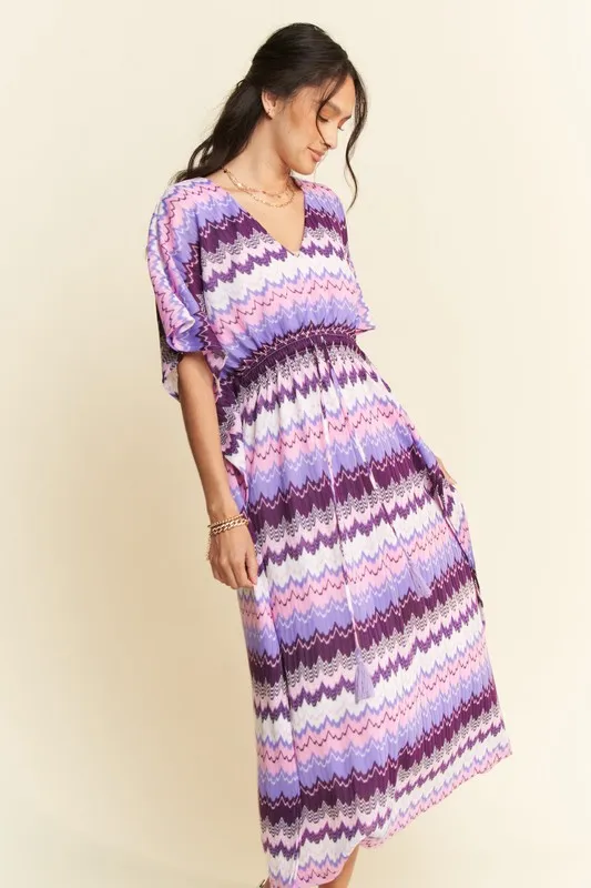 Multi Color Wavy Tie Waist Flowy Sleeve Dress, image 8