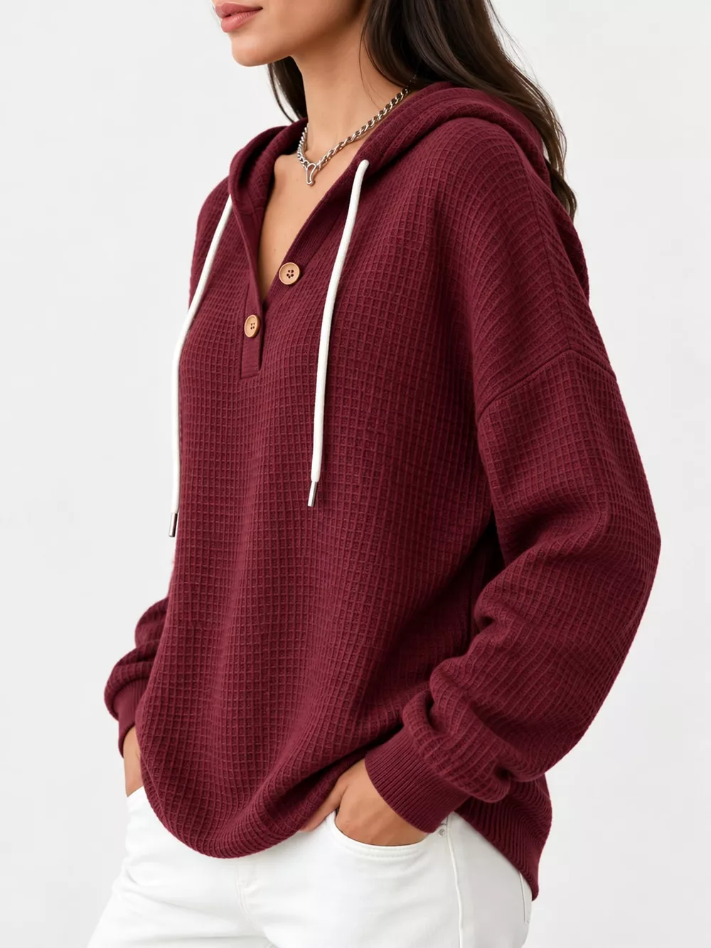 Full Size Waffle Knit Button Detail Hoodie Plus Size, image 26
