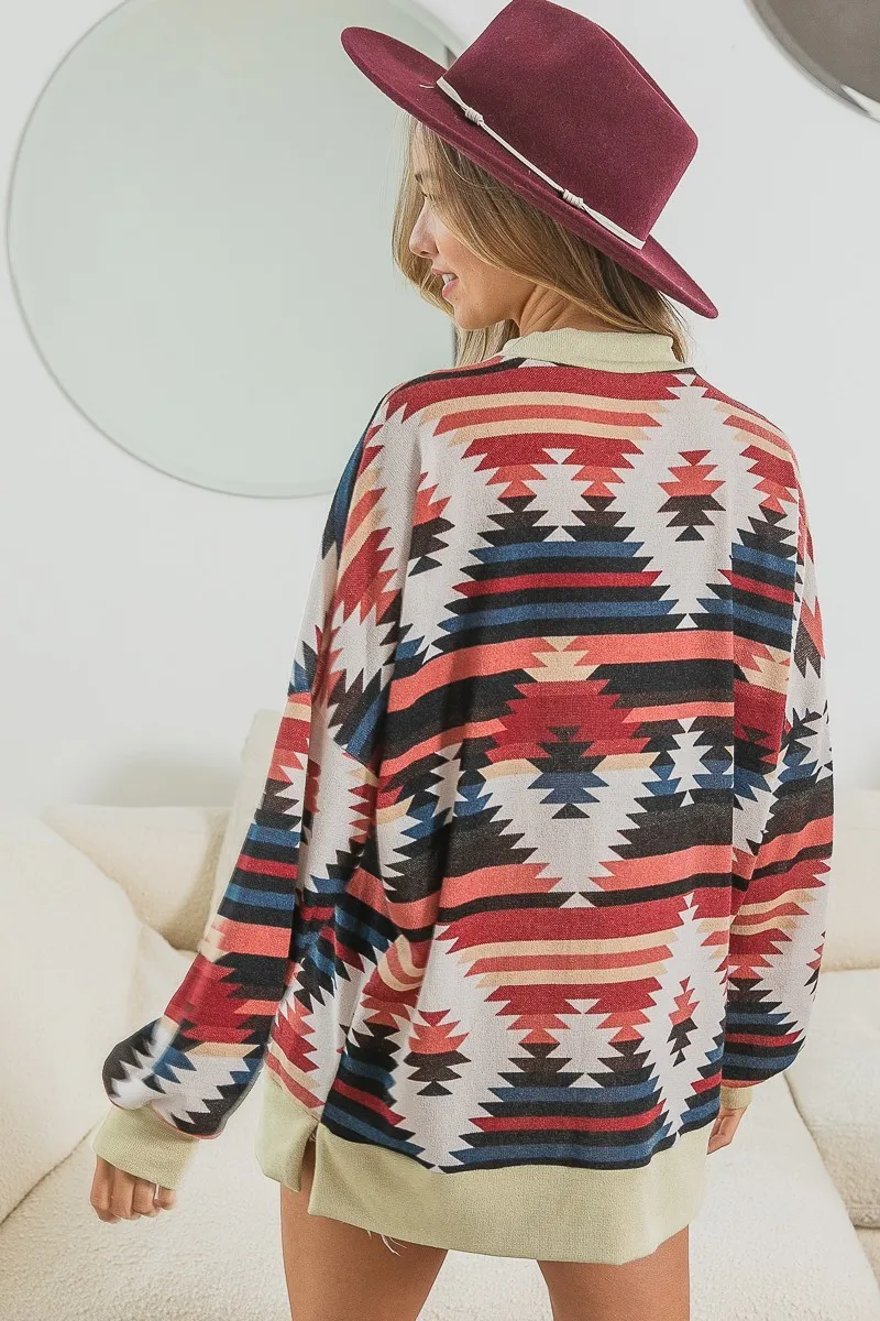 Aztec Print Mirr Mock Neck Lslv Top, image 3