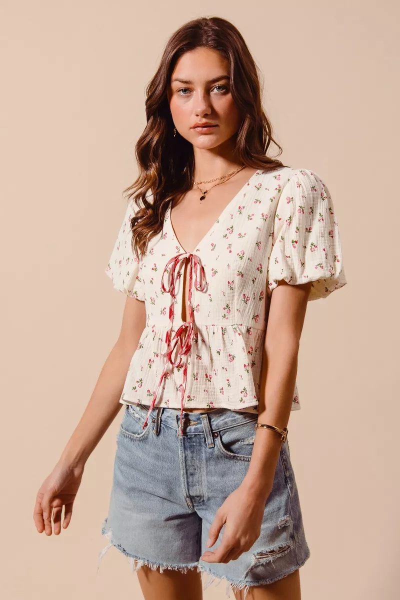 Ditsy Floral Print Gauze Tie-Front Blouse, image 7