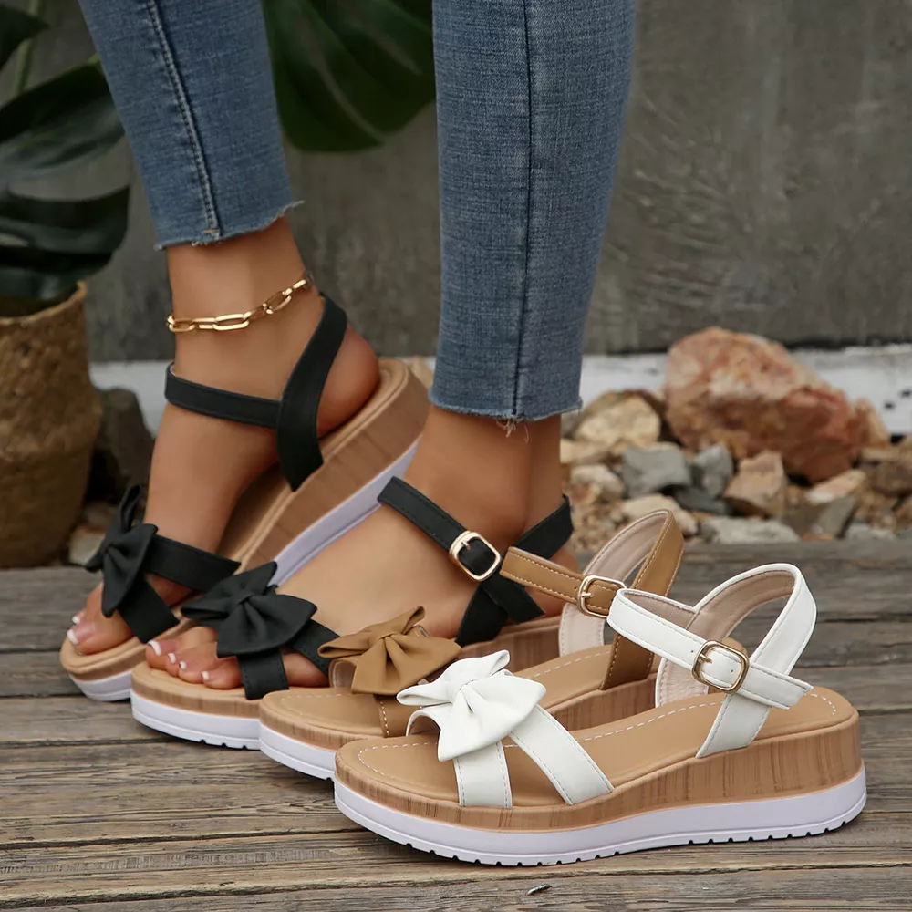 Bow Open Toe Wedge Sandals, image 2