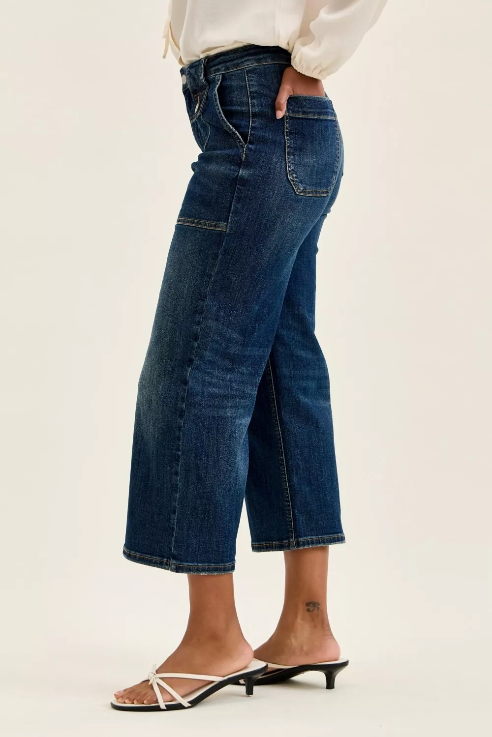 High Waist Wide Crop Utility Jeans with Patch Pocket, image 4