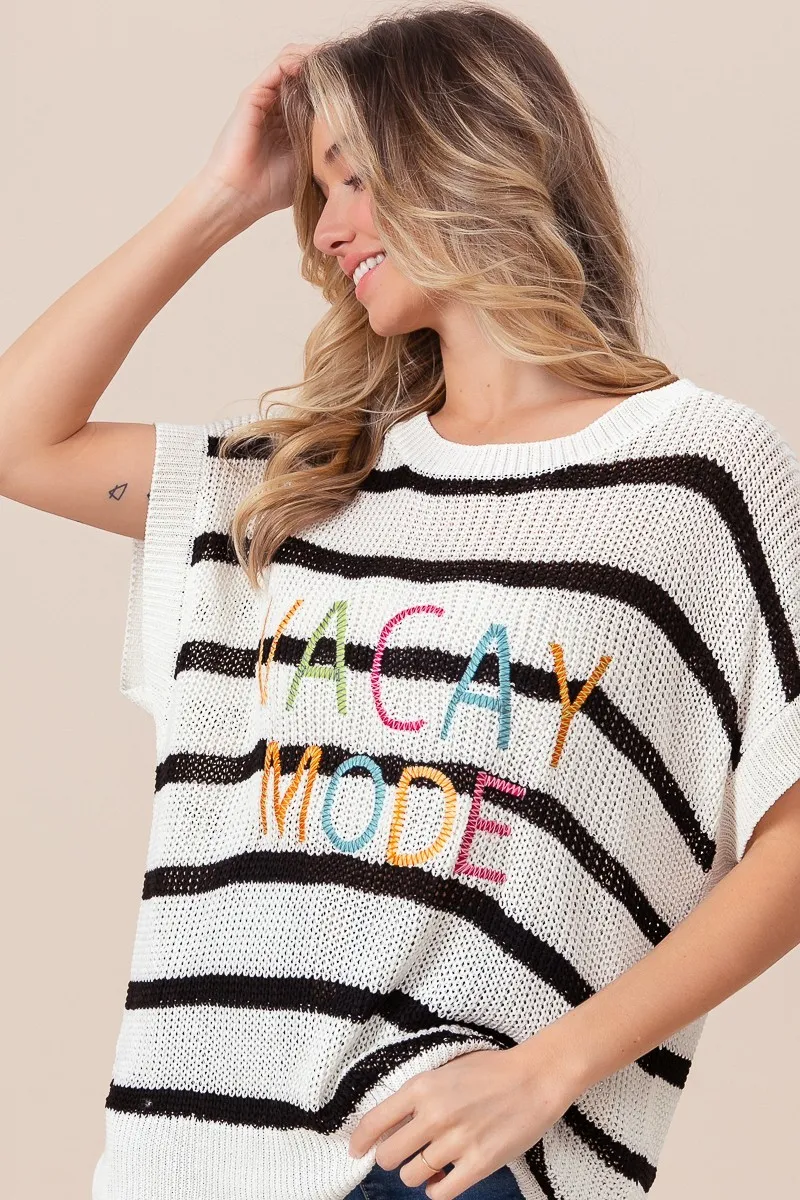 Vacay Mode Lettering Drop Shoulder Striped Sweater, image 8