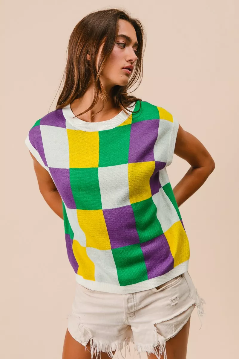 Mardi Gras Checker Pattern Sleeveless Sweater Top, image 16
