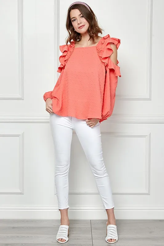 Ruffle Trim Cold Shoulder Swiss Dot Blouse, image 6