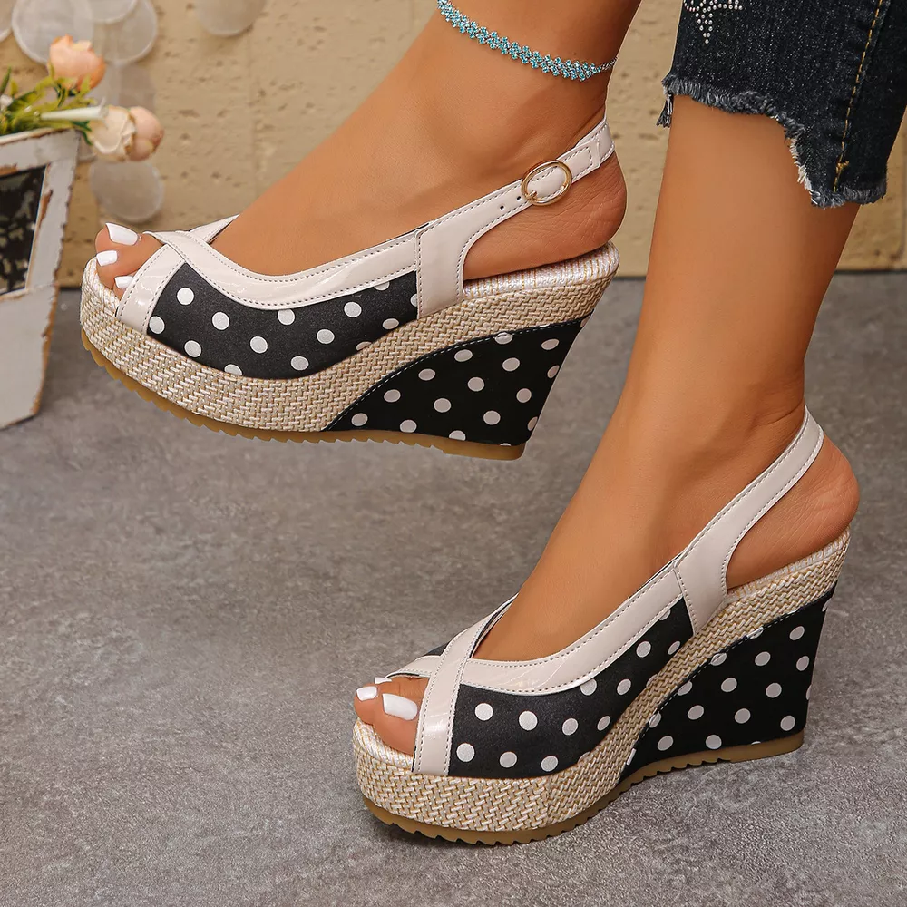 Polka Dot Peep Toe Wedge Sandals, image 6