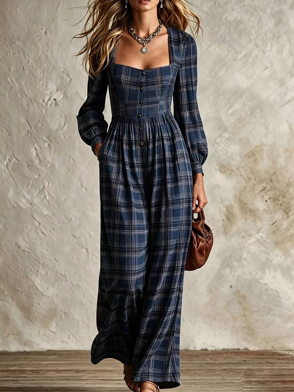 Plaid Square Neck Long Sleeve Wide-Leg Jumpsuit, image 5