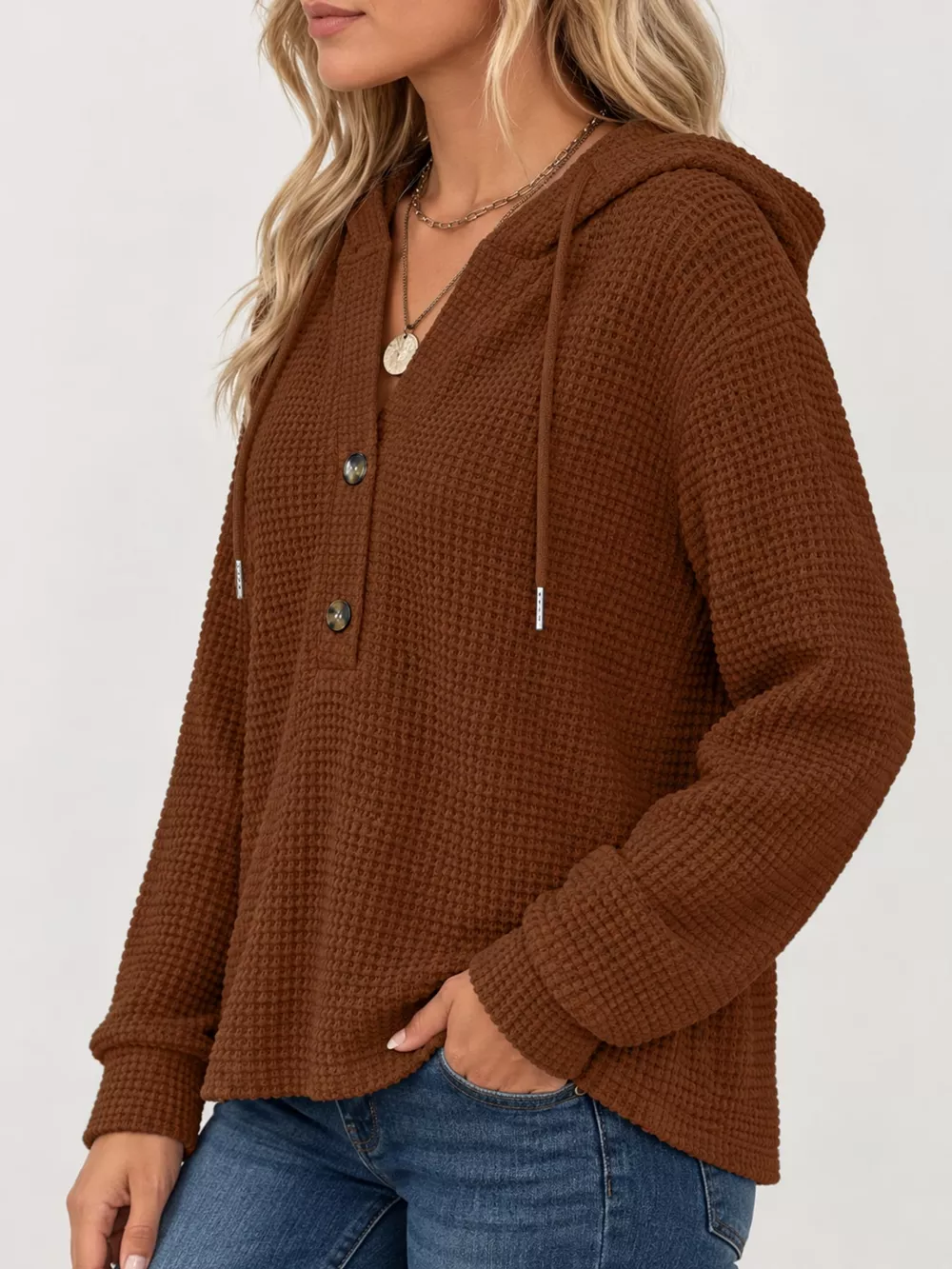 Full Size Waffle Knit Button Detail Hoodie Plus Size, image 40