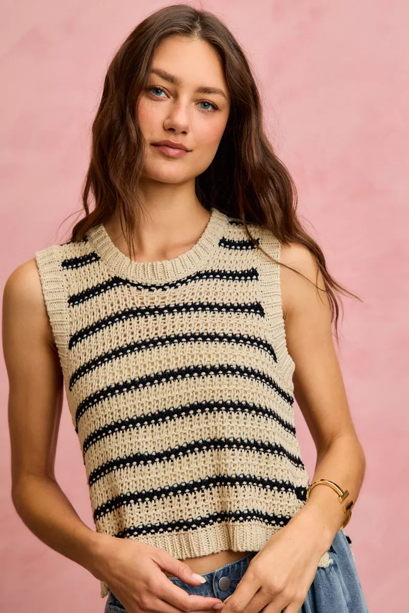 Low Gauge Textured Stripe Sleeveless Sweater Top, image 8