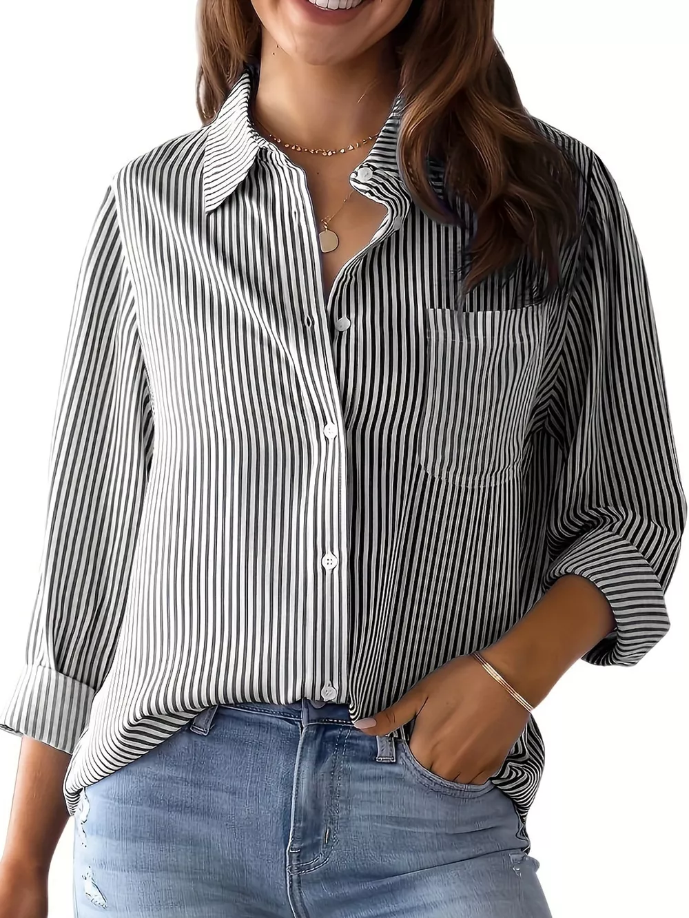 Full Size Striped Button-Down Long Sleeve Shirt Plus Size, image 14