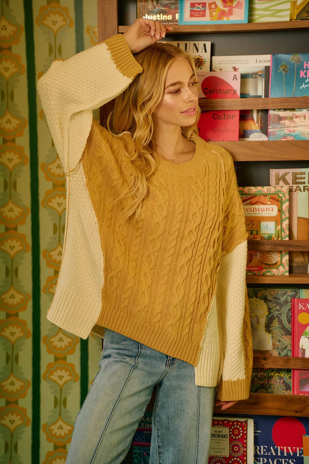Cable Knit With Hacci Combo Sweater With Uneven Hem Detail, image 6