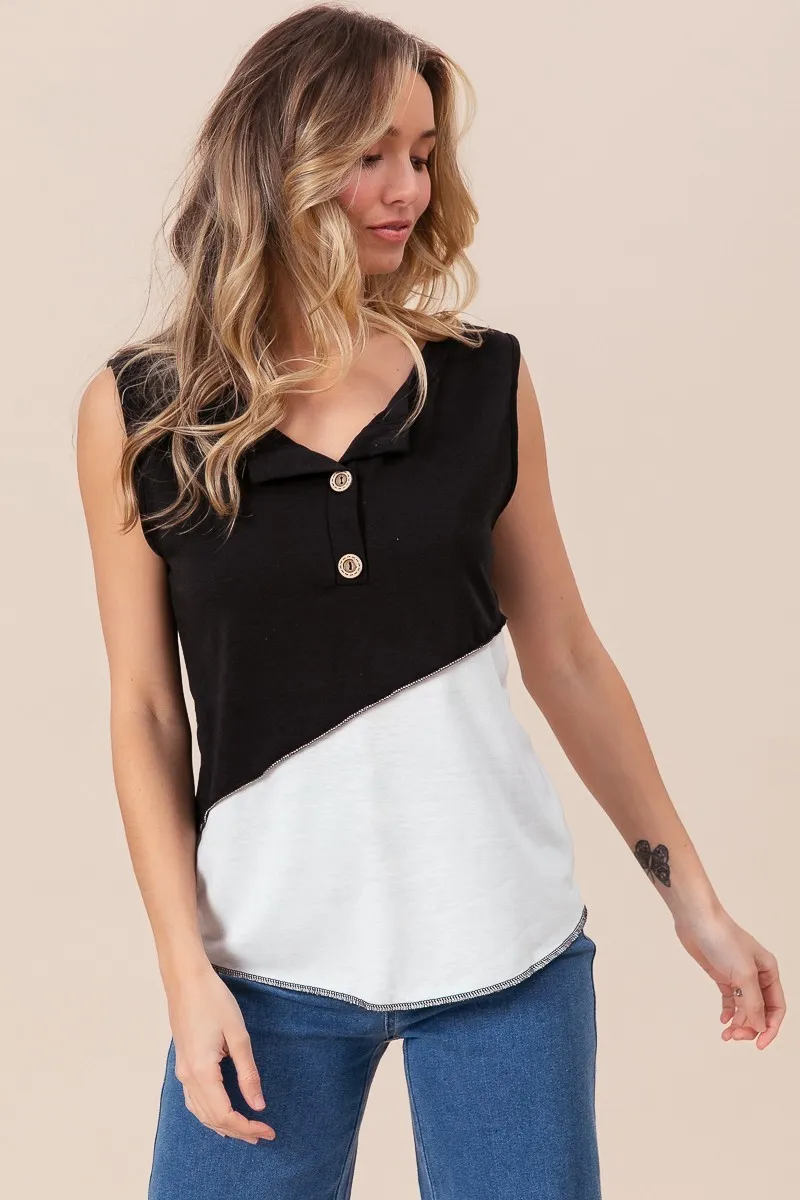 Color Block Contrast Stitching Buttoned Henley Top, image 12