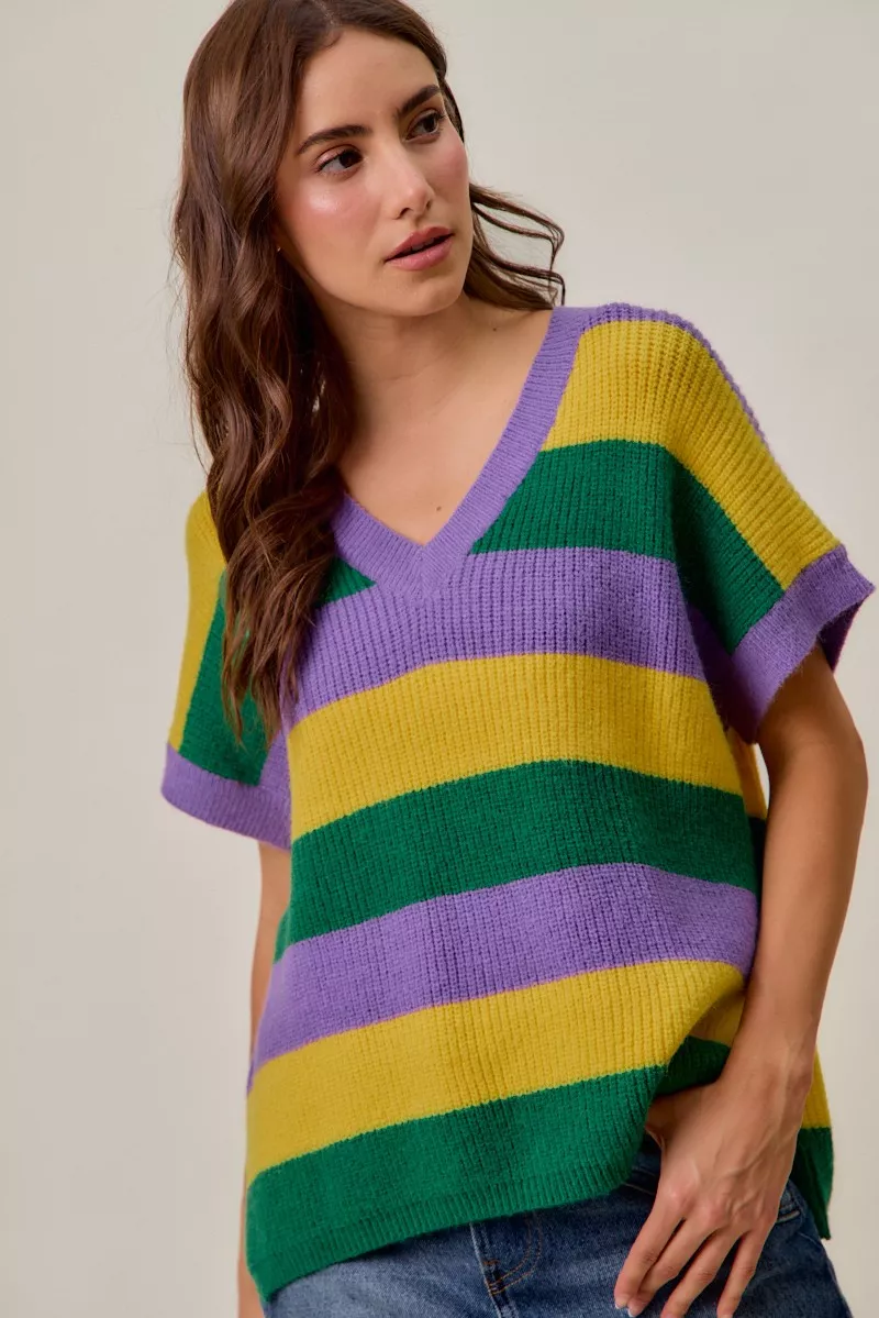 Mardi Gras Loose Fit V Neck Stripe Sweater Top, image 10