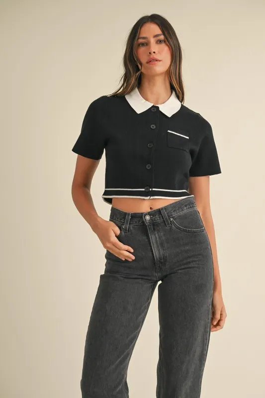 Button Down Contrast Collared Knit Cardigan, image 4